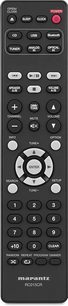 Télécommande Marantz RC015CR noire avec boutons multicolores et écran LCD, vue de face