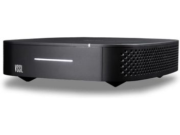 VSSL A.1 black stereo hi-fi amplifier, front view, rectangular shape, minimalist facade with logo and perforated grille