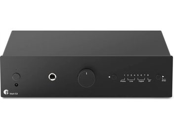 Pro-Ject MaiA S3 black stereo integrated amplifier, front view, understated front panel with large central knob and headphone jack