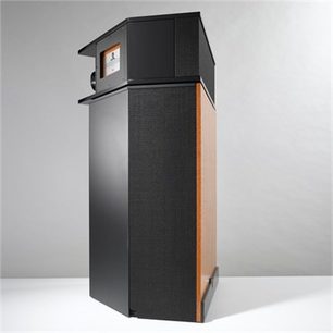 Klipsch Klipschorn 60-års jubilæumshøjttaler, 3/4 forvisning, sort og orange kabinet, synlig diskant og basenheder