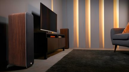 Tall floorstanding speaker with brown wood veneer, black fabric front, rounded corners, and metal base, three-quarter front view