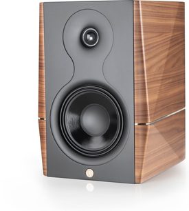 Diffusore da scaffale Gold Note A3 EVO II visto frontalmente, pannello nero con tweeter e woofer, fianchi in legno di noce