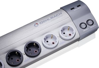 Multiprzewodowa listwa zasilająca Oehlbach Power Socket 907 biała 17030, 4 okrągłe szare gniazda sieciowe, 2 porty USB, srebrna metalowa obudowa