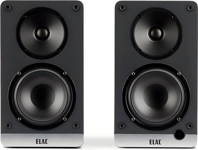 Elac Debut ConneX DCB41 Lautsprecher, Frontansicht, matte schwarze Gehäuse, Kunststofffront, Hochtöner und Tieftöner, rechte Drehregler