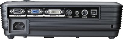 Optoma EW628 videoprojektor, bagside, VGA-, DVI-, S-Video-, audio-, RS232-, USB-tilslutninger, nærbillede