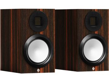 Monitor Audio Gold 50 6G bokhyllehögtalare macassar, framsida, 2 runda högtalare, mörk träfinish