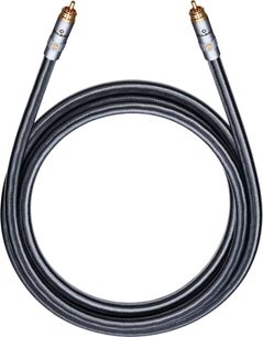 Oehlbach Sub Xtreme subwoofer cable, metallic gray, nylon braided sheath, two gold-plated male RCA plugs with printed metal bodies, top view