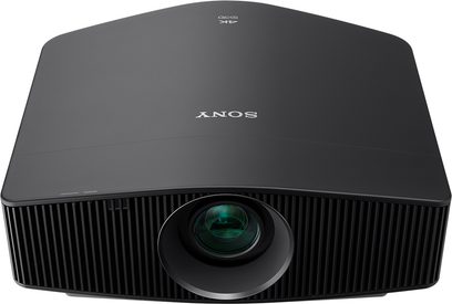 Sony VPL-VW760ES sort projektor, set forfra, centreret objektiv, ventilationsriste på siderne, "ANOS"-logo på toppen