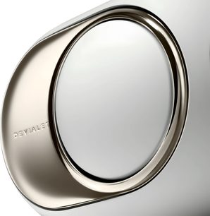 Głośnik bezprzewodowy DEVIALET Phantom Ultimate 98 dB Light Pearl stereo, zbliżenie boczne, obudowa w kolorze perłowym i metaliczny, polerowany pierścień
