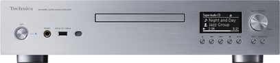 Reproductor de CD Technics SL-G700M2 plateado, vista frontal, panel frontal con pantalla LCD, botones y rueda de control