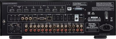 Rotel RSP1576 MkII sort hjemmebiograf-forstærker, frontpanel med tilslutninger, knapper og display, set forfra