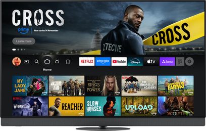 Panasonic TV-65Z95B -teräväpiirtotelevisio, musta, ohut metallikehys, 65 tuuman litteä näyttö, edestä katsottuna pyöreällä keskijalustalla
