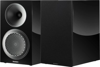 Bogreolshøjttaler Paradigm Premier 220B v2 højglanssort, par med en model uden frontstof og en med tekstilfront