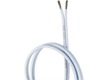 White Supra Classic 1.6 Mini cable, two parallel sheathed conductors, bare wire terminations, close-up view