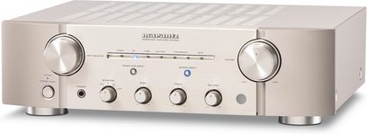 Silver Marantz PM7003 hi-fi stereo amplifier, front view, facade with buttons and adjustment knobs, two headphone jacks