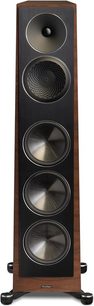 Paradigm Founder 100F floorstanding speaker in walnut finish, front view, 3 circular black drivers, dark wood cabinet