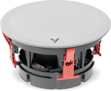 Zapuštěný reproduktor Focal 300 ICA6 v šedé metalíze a červené barvě, pohled zespodu v perspektivě, bez mřížky