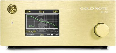 Phono předzesilovač Gold Note PH-10 zlatý. Přední panel s displejem, tlačítkem, RCA a XLR konektory. Pohled zepředu