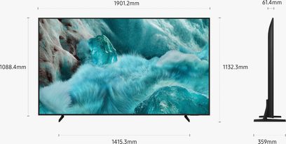 Samsung TQ85Q7F4 2025 højopløsnings-tv i sort, med slank metalramme, ultratynd fladskærm og udsvungne sideben i plast, vist forfra og fra siden