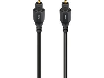 Optický digitální kabel Audioquest Pearl 3m černý, plastový plášť se dvěma černými konektory Toslink se zlatými hroty a nápisem Pearl, pohled zepředu