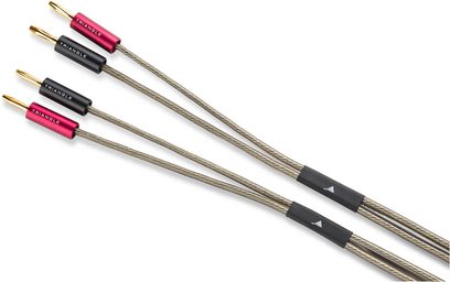 Cavo per diffusori Triangle OPERA OS25A grigio intrecciato con connettori a banana dorati e manicotti in metallo rosso e nero