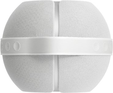 Kaasaskantav Bluetooth-kõlar DEVIALET Mania valge pealtvaates, sfäärilise disainiga keskse riba ja valge võrega