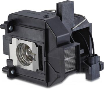 Černá lampa pro videoprojektor Epson V13H010L69, pohled zepředu a z boku, s objektivem a ventilační mřížkou
