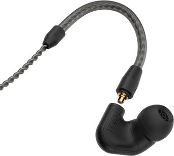 IE 200 in-ear hovedtelefoner sort, set fra siden, grå snoet kabel, forgyldt stik, sort silikone øreprop