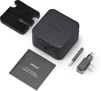 Denon DL-A110 vinylpladespiller-element, mat sort kabinet, firkantet form, bagudgangsstik, tilbehør, set oppefra