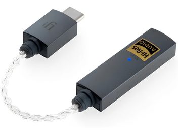 Two dark gray iFi Audio GO Link portable audio converters, USB-C and 3.5mm jack connectors, flat lay