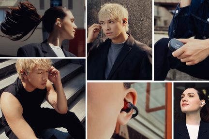 Montage of people wearing black or white plastic wireless earbuds, close-ups, and gray charging case