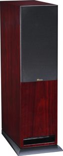 Gulvhøjttaler Davis Acoustics MV ONE i højglans træ, sort front, mørkt lakeret træ på siderne, set fra 3/4 vinkel