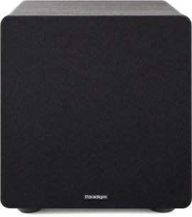Subwoofer Paradigm Essentials Sub 10, vedere frontală, carcasă cubică neagră cu un material acustic și un logo dreptunghiular în partea de jos