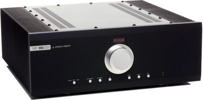 Musical Fidelity M6si500 sort stereo hi-fi integreret forstærker med frontpanel med en stor central knap og 8 mindre knapper