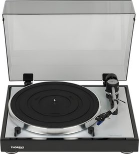 Hi-fi pladespiller Thorens TD 403 DD sort, aluminiumsplade, lakeret chassis, gennemsigtigt låg, kabinet