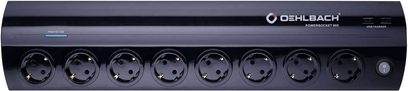 Oehlbach Power Socket 905 sort med 8 Schuko-stik og en afbryder, set forfra