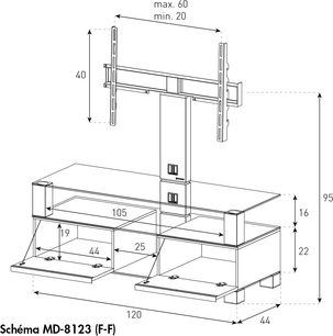 Teknisk tegning med dimensioner af TV-møblet Sonorous MD8123 på mål, set forfra og fra siden, i sort/hvid