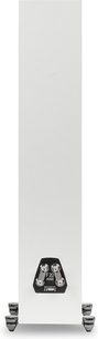 MartinLogan Motion F20 zuil luidspreker mat wit achteraanzicht met zwarte en zilverkleurige aansluitklemmen op een basis met 4 poten