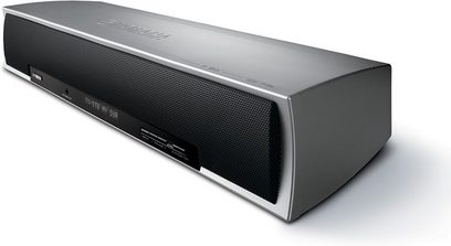Soundbar Yamaha YSP-500, podłużna, prostokątna obudowa w kolorze ciemnoszarym, czarna maskownica, białe przyciski dotykowe, porty z tyłu