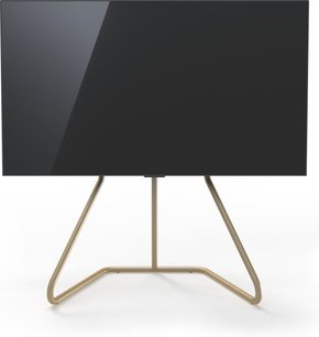 Spectral UX sort TV-møbel, buet U-formet metalramme i gylden farve, rektangulær fladskærm, set forfra