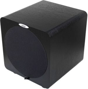 Velodyne Deep Blue 8 sort subwoofer, 3/4 forfra, kubisk form, mat sort finish, rundt sort højttalerelement