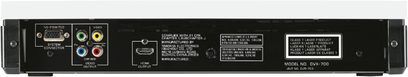 Yamaha DVX-700 sort hjemmebiograf-system set bagfra, der viser HDMI-, komponent-, optiske og koaksiale audio/video-stik