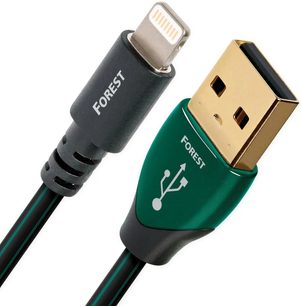 Yeşil ve siyah Audioquest Forest USB kablosu, altın kaplama USB-A ve Lightning konnektörlü, 1,5 metre uzunluğunda
