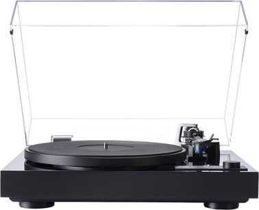 Dual CS 618 GL -hifi-vinyylisoitin, kiiltävän musta etunäkymä, kiiltävä kotelo, ylös nostettu läpinäkyvä akryylinen pölykansi, musta pyöreä levy, äänivarsi ja ohjauspainike oikealla