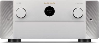 Marantz Cinema 30 hõbedane kodukino-võimendi, eestvaade, pöördenuppude ja keskel alumiiniumist harjatud esipaneelil oleva "Blu-ray 40.0" näidikuga