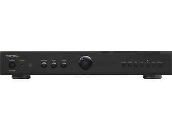 Integrierter Hi-Fi-Stereo-Verstärker Rotel A11 MKII schwarz, Vorderansicht, runde Knöpfe, Schalter, Kopfhöreranschluss, schwarze Ausführung