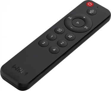 Μαύρο τηλεχειριστήριο WiiM 1 με 9 στρογγυλά κουμπιά και 1 κόκκινο κουμπί λειτουργίας, όψη από πάνω
