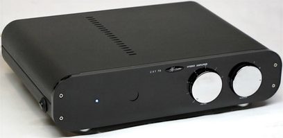 Amplificatore hi-fi a valvole Lector Audio ZXT-70 nero, vista frontale, 2 manopole rotanti e 2 prese jack sulla parte anteriore, cabinet rettangolare