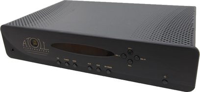 Stereo hi-fi forstærker Atoll Electronique IN200SE sort, frontpanel med knapper og stik, perspektivisk topvisning
