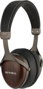 Sivga SV021 PRO -hifikuulokkeet, musta, ruskeat puunsyykuvioidut kupit, mustat korvatyynyt ja pääpanta valkoisilla koristetikkauksilla
